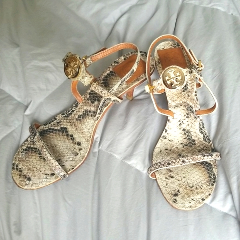 Tory Burch Miller Gold Metal Snake Skin Heels